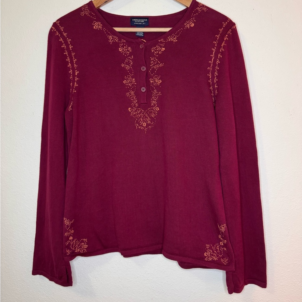 American Eagle Outfitters Maroon with Orange Embroidery Long Sleeve Blouse